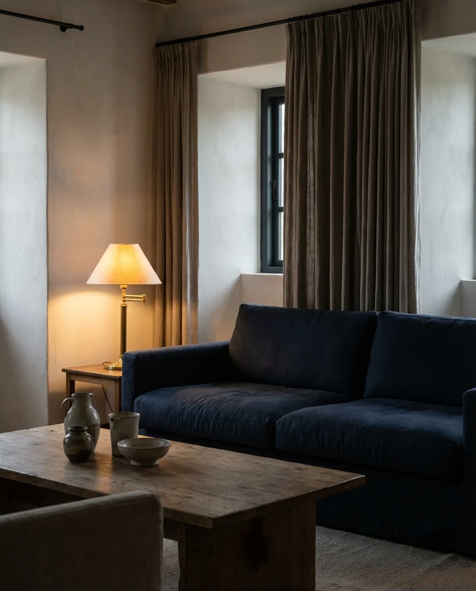 Navy Blue Sofa with Warm Whites and Brass 2