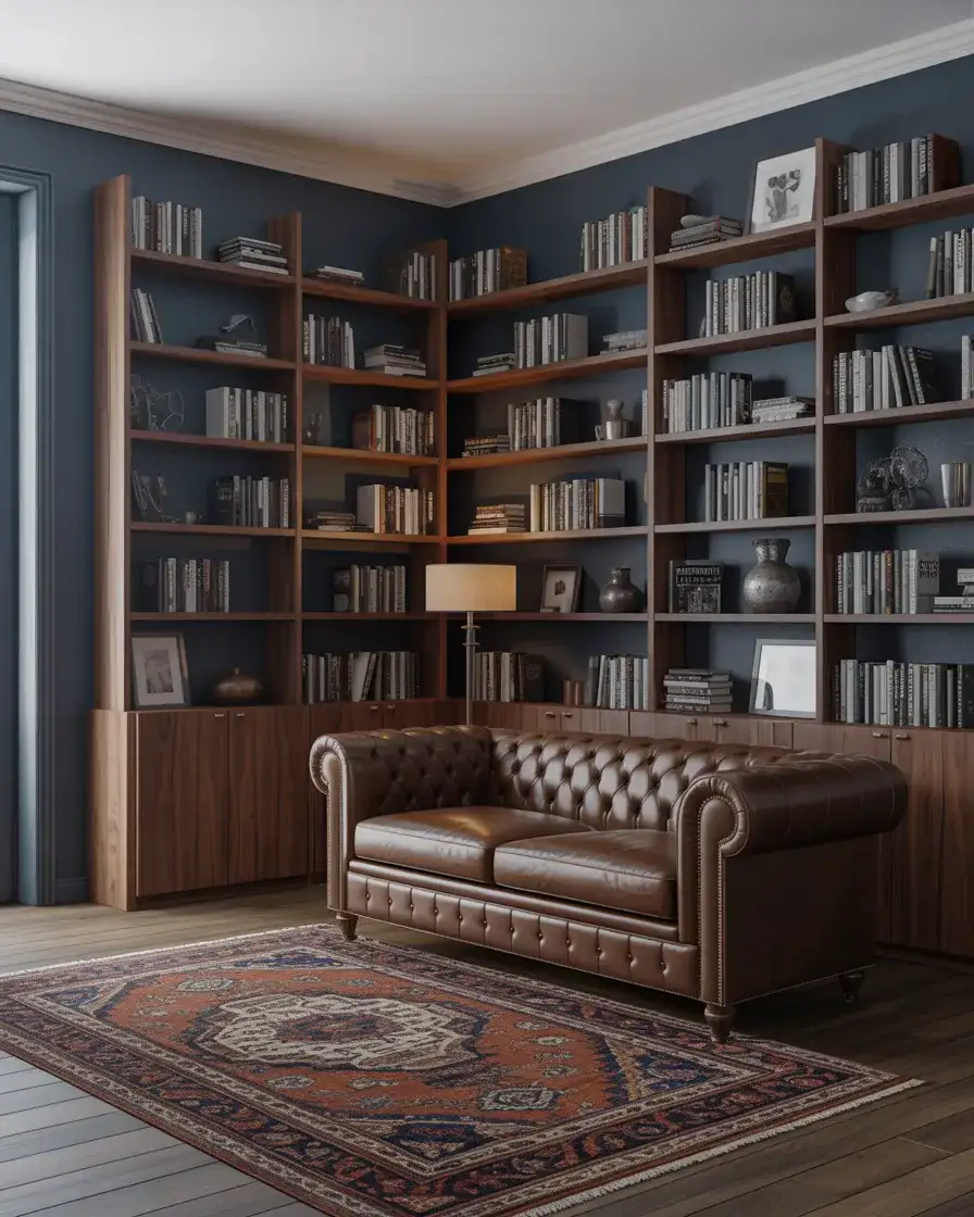 Navy Blue and Brown Library-Style Living Room 1