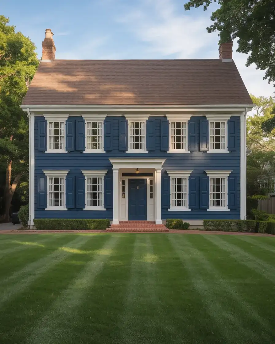 Navy Blue with White Trim and a Brown Roof 1