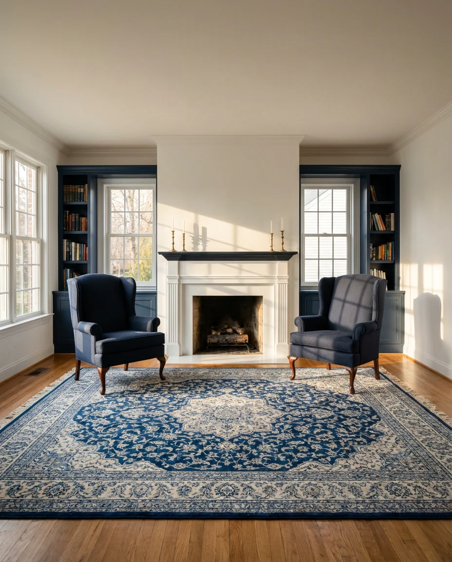 Navy and White Traditional Living Room 1