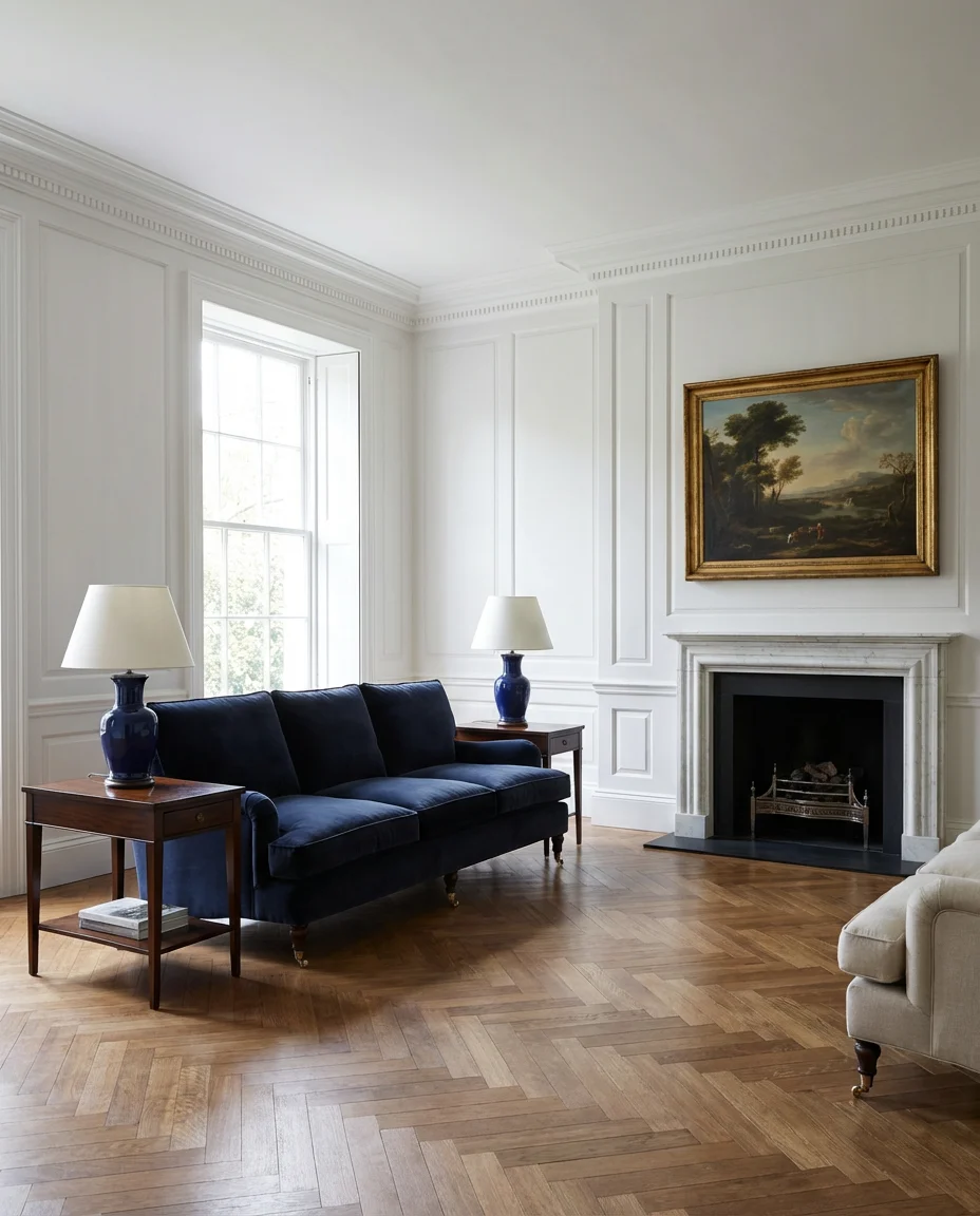 Navy and White Traditional Living Room 2