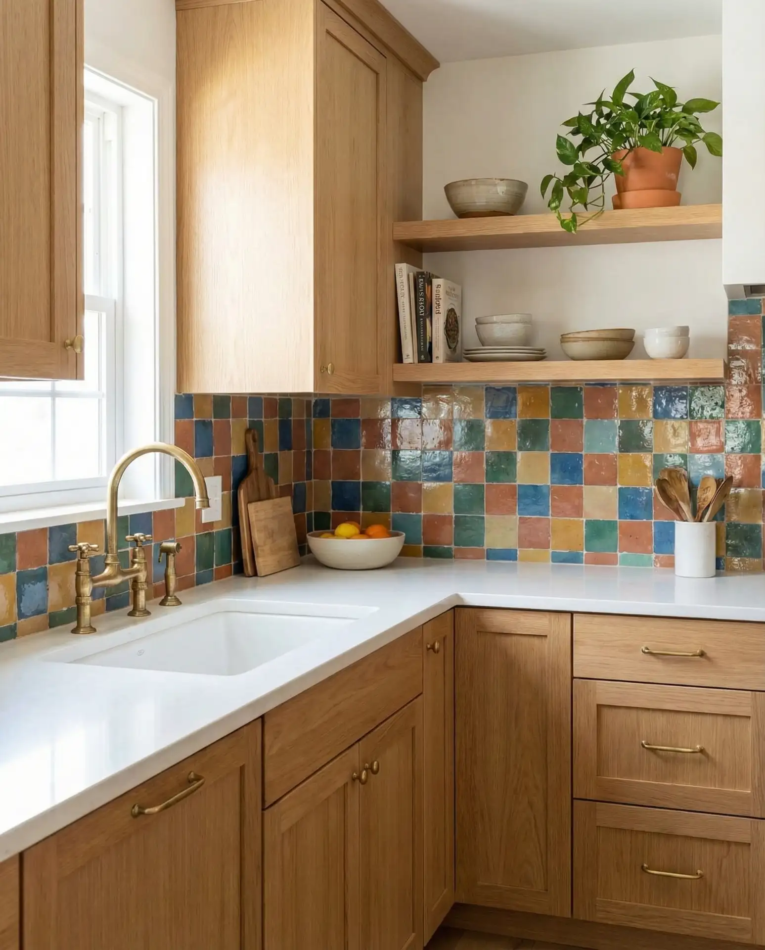 Oak Cabinets with Bold Backsplash 1