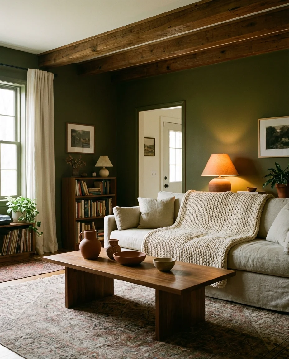 Olive Green Walls with Warm Wood Tones 1