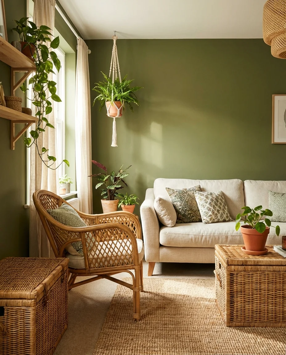 Olive Green and Cream Living Room with Rattan 1
