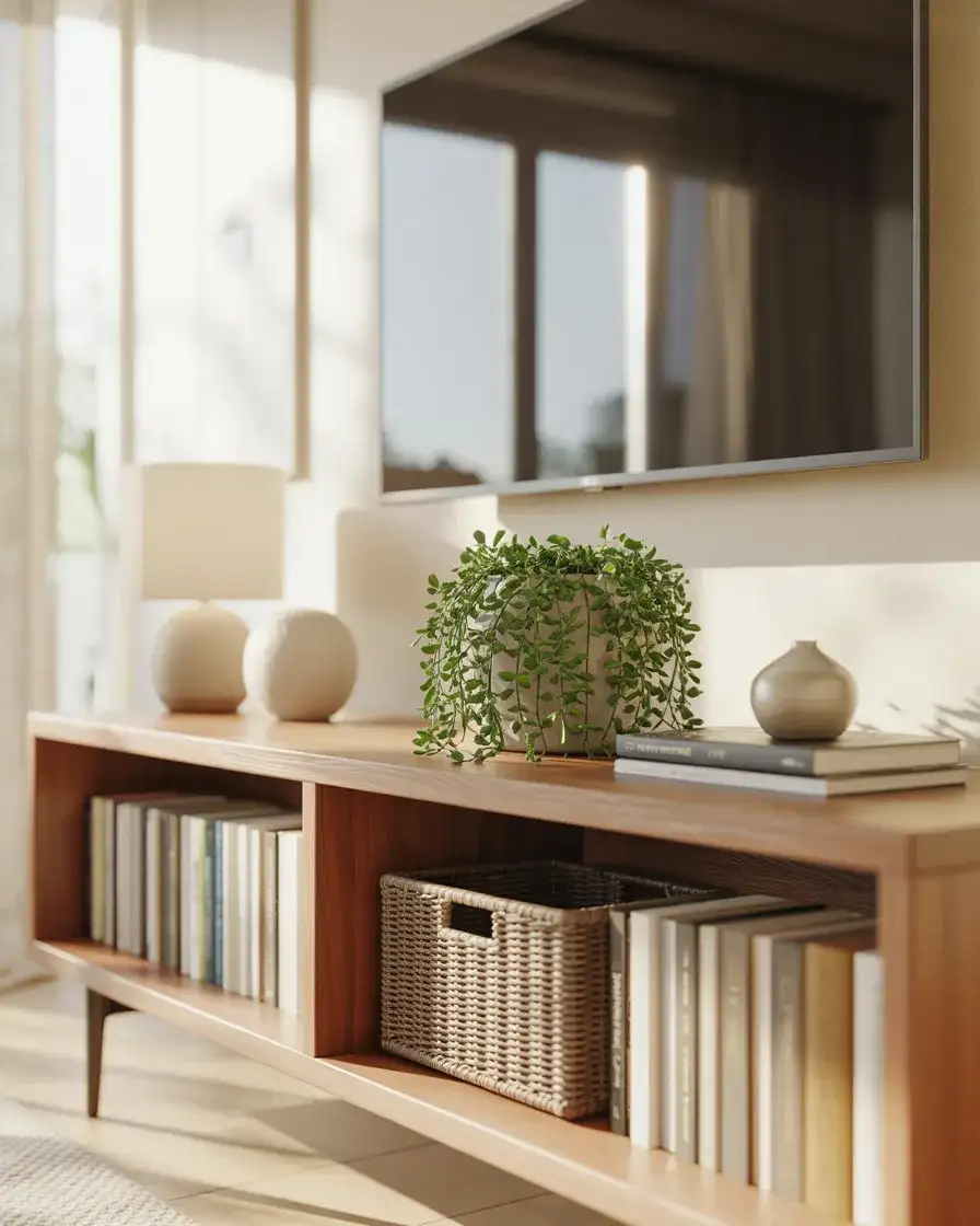 Open Shelves Below the TV for Stylish and Functional Storage 1