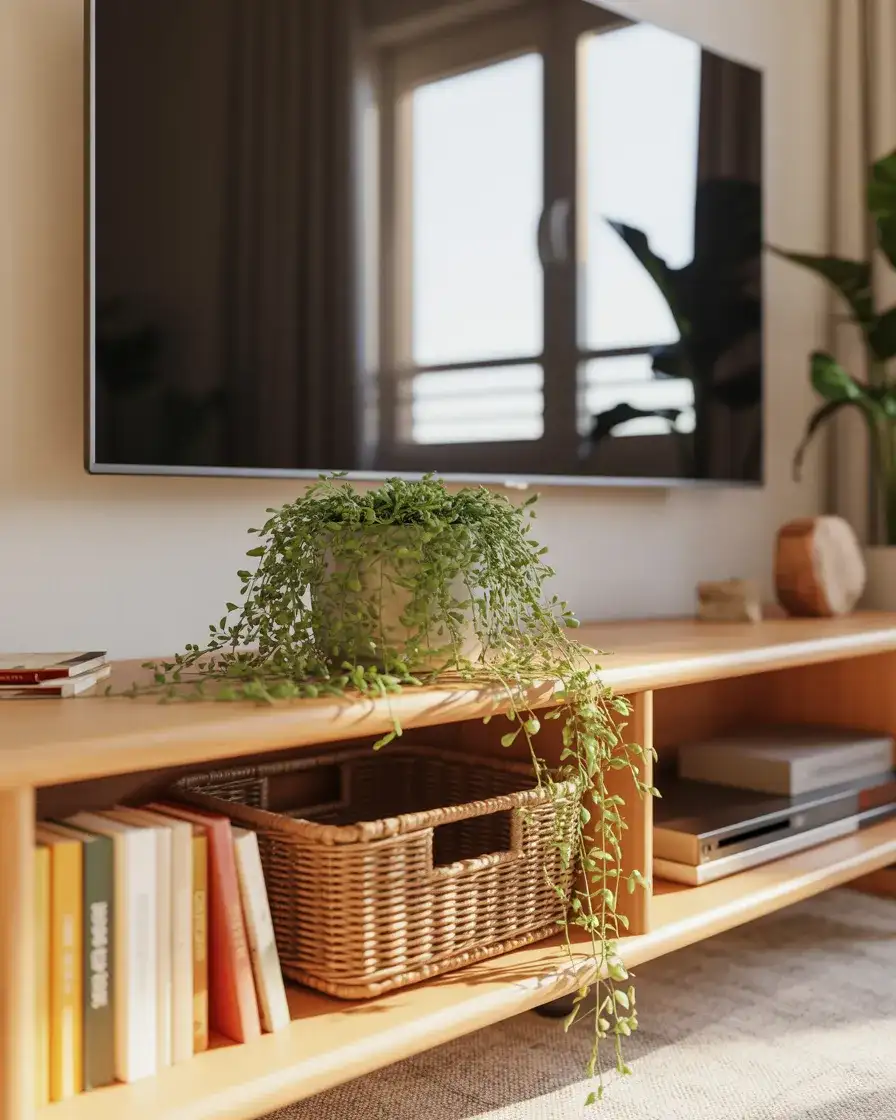 Open Shelves Below the TV for Stylish and Functional Storage 2