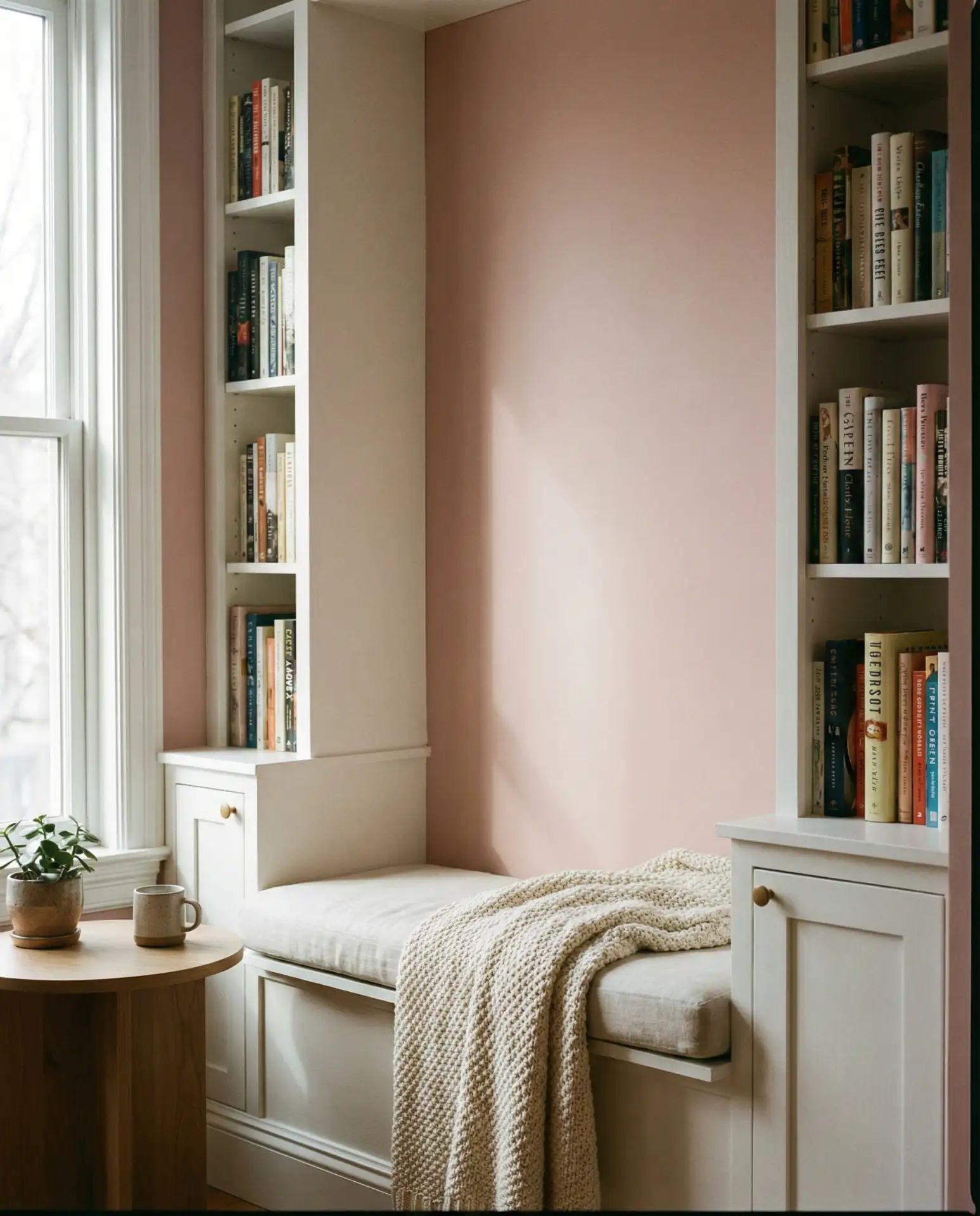 Pink Reading Nook with Built-In Shelving 1