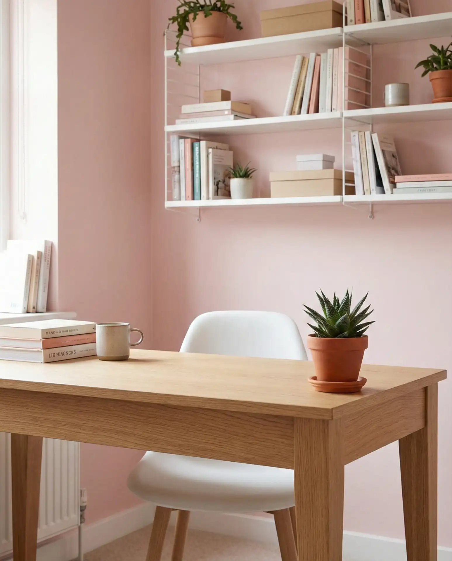 Pink Workspace with Natural Wood Desk 1