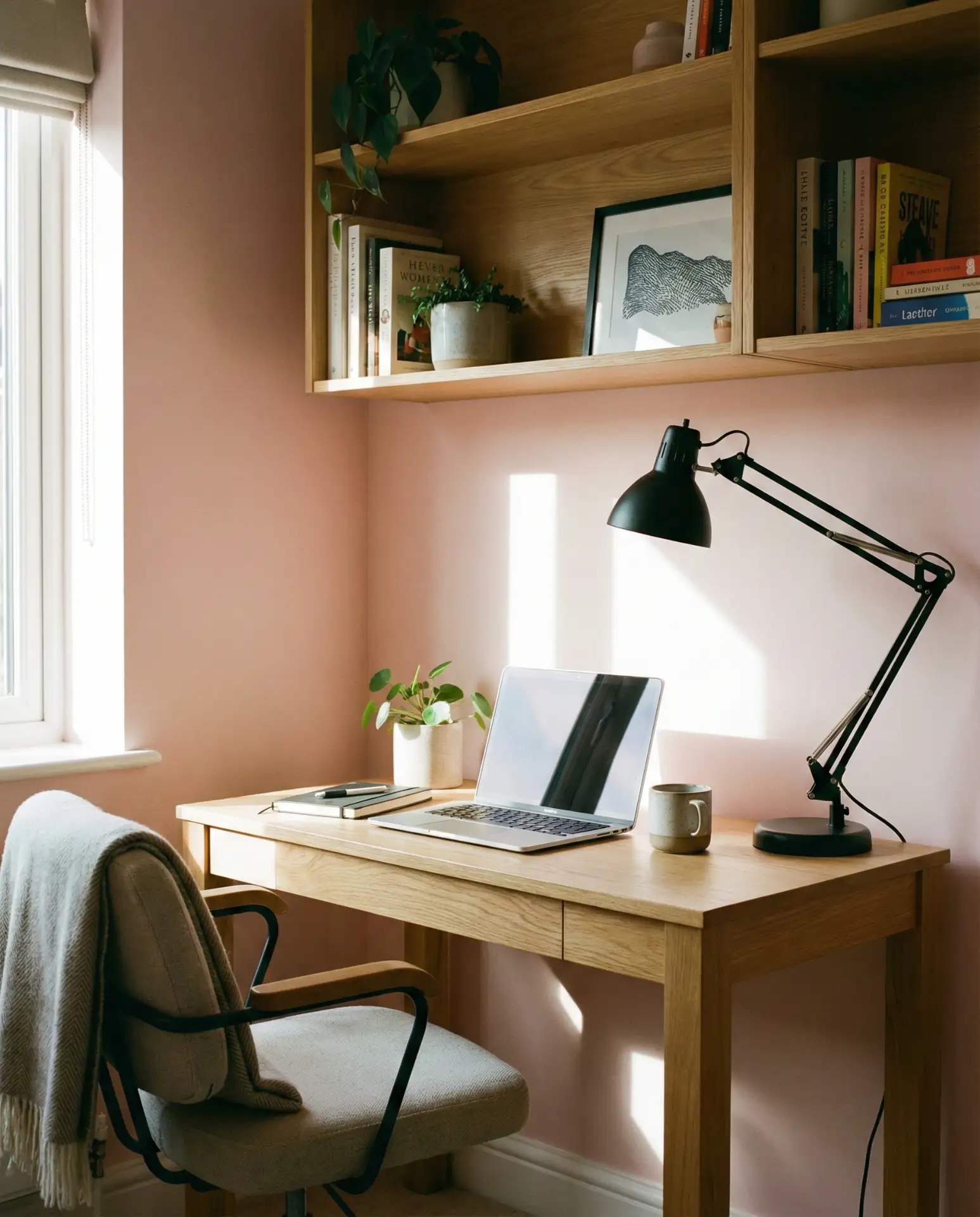 Pink Workspace with Natural Wood Desk 2