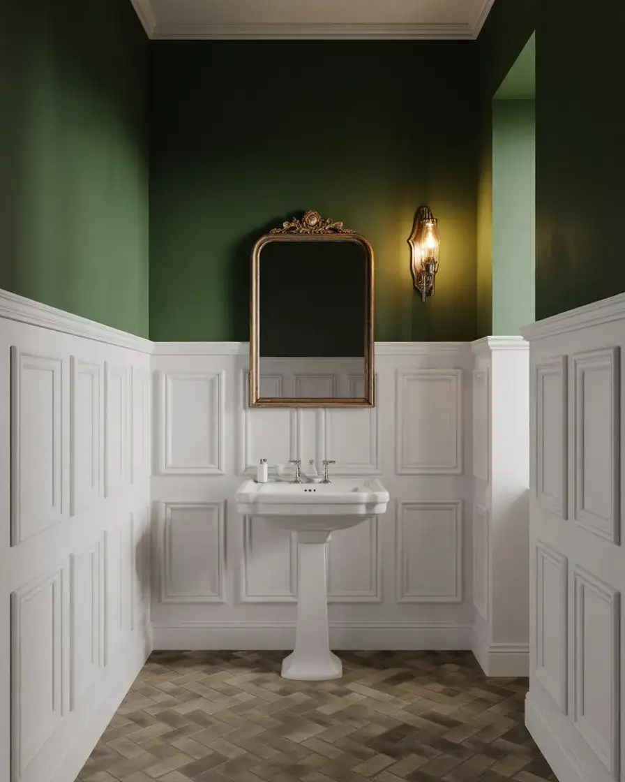 Powder Room with Wainscoting and Bold Upper Walls 1