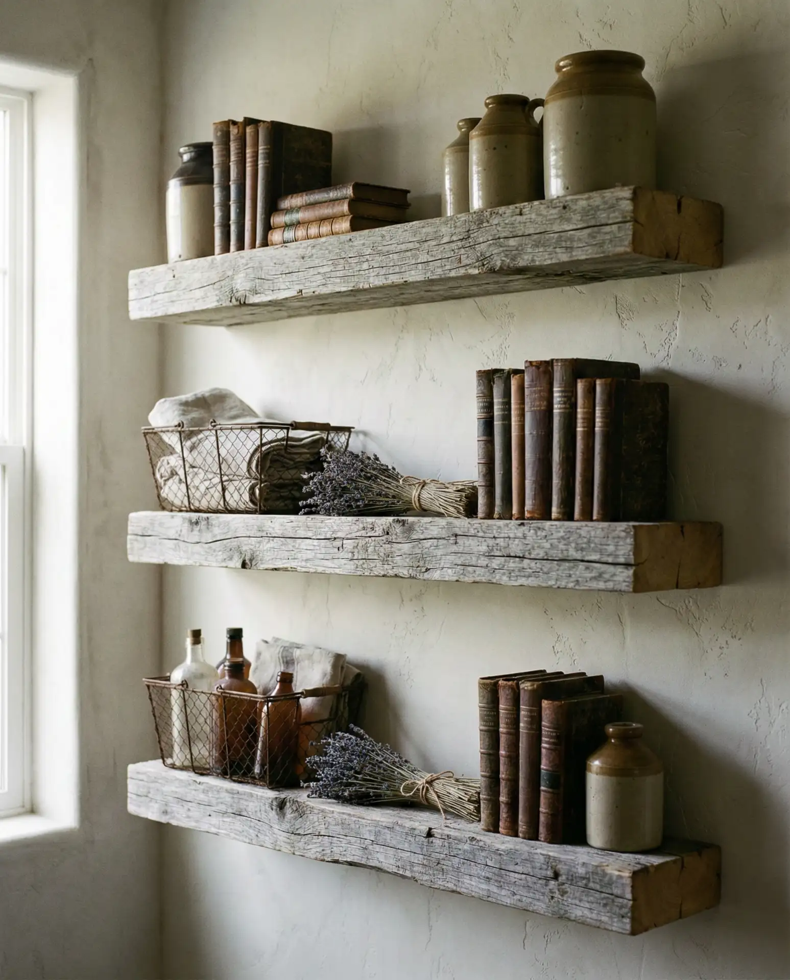 Reclaimed Wood Shelves with Farmhouse Charm 1