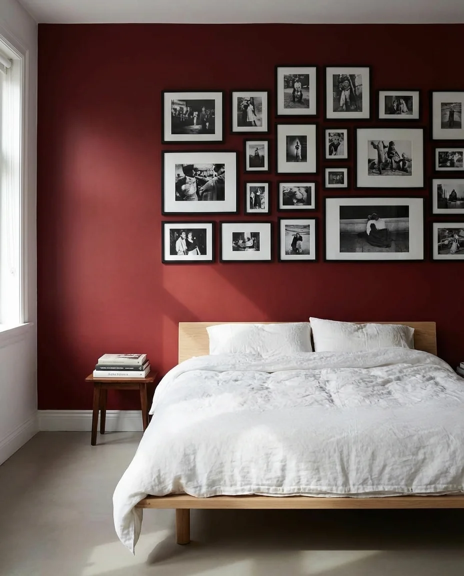 Red Bedroom with Black and White Artwork 1