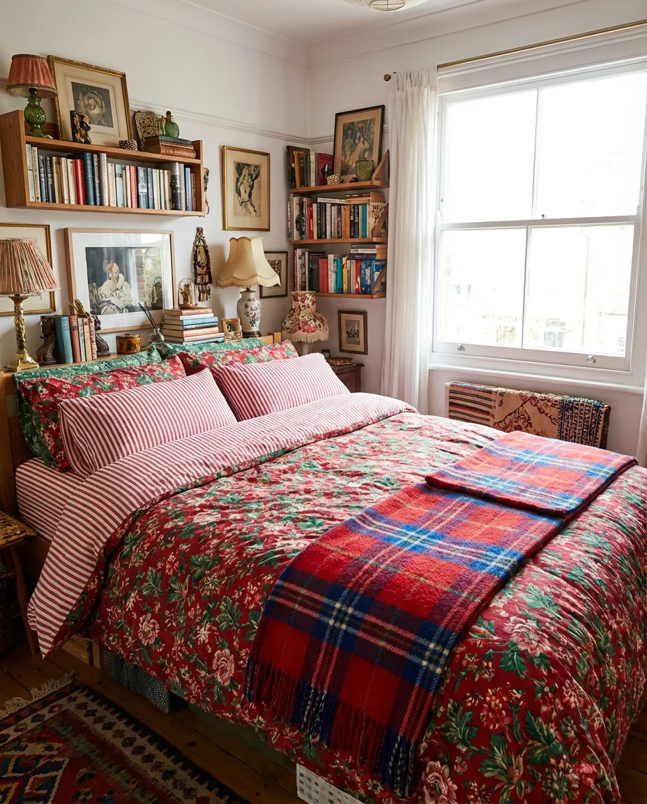 Red Bedroom with Maximalist Pattern Mixing 1
