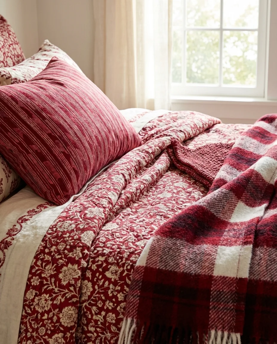 Red Bedroom with Maximalist Pattern Mixing 2
