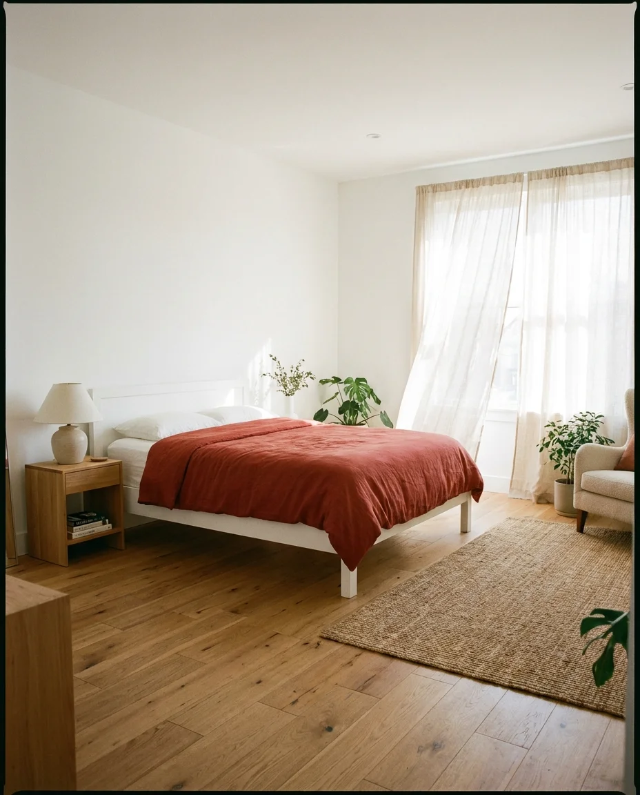 Red Bedroom with Natural Light and Linen Simplicity 1