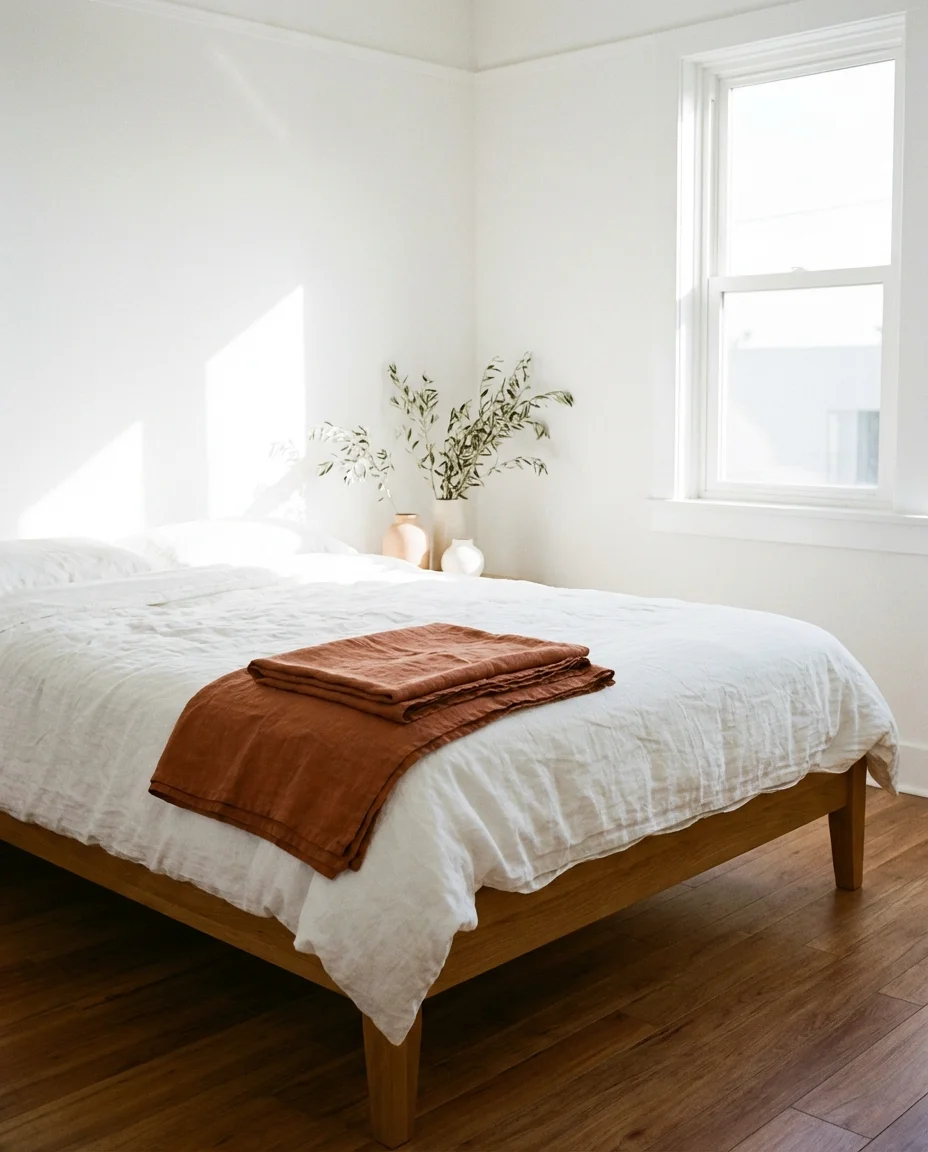 Red Bedroom with Natural Light and Linen Simplicity 2
