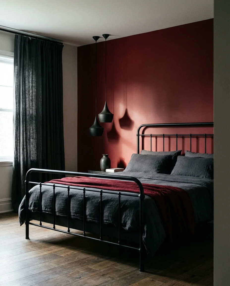 Red and Black Bedroom with Dramatic Lighting 1