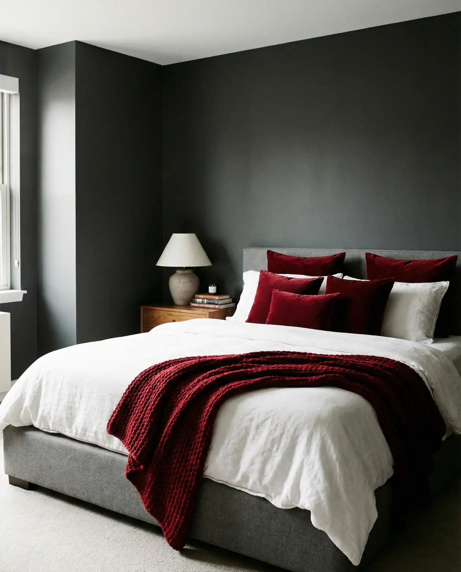 Red and Gray Bedroom with Bold Contrast 1