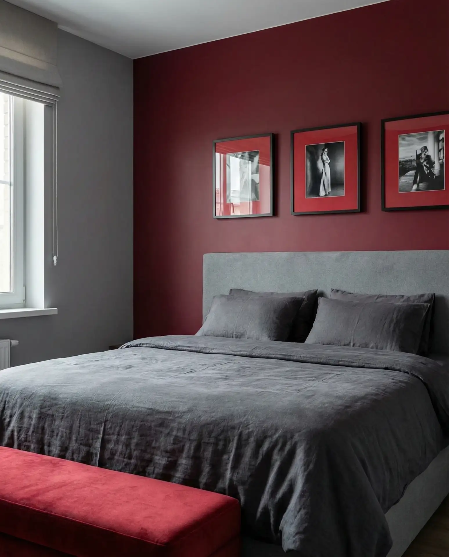 Red and Gray Bedroom with Bold Contrast 2