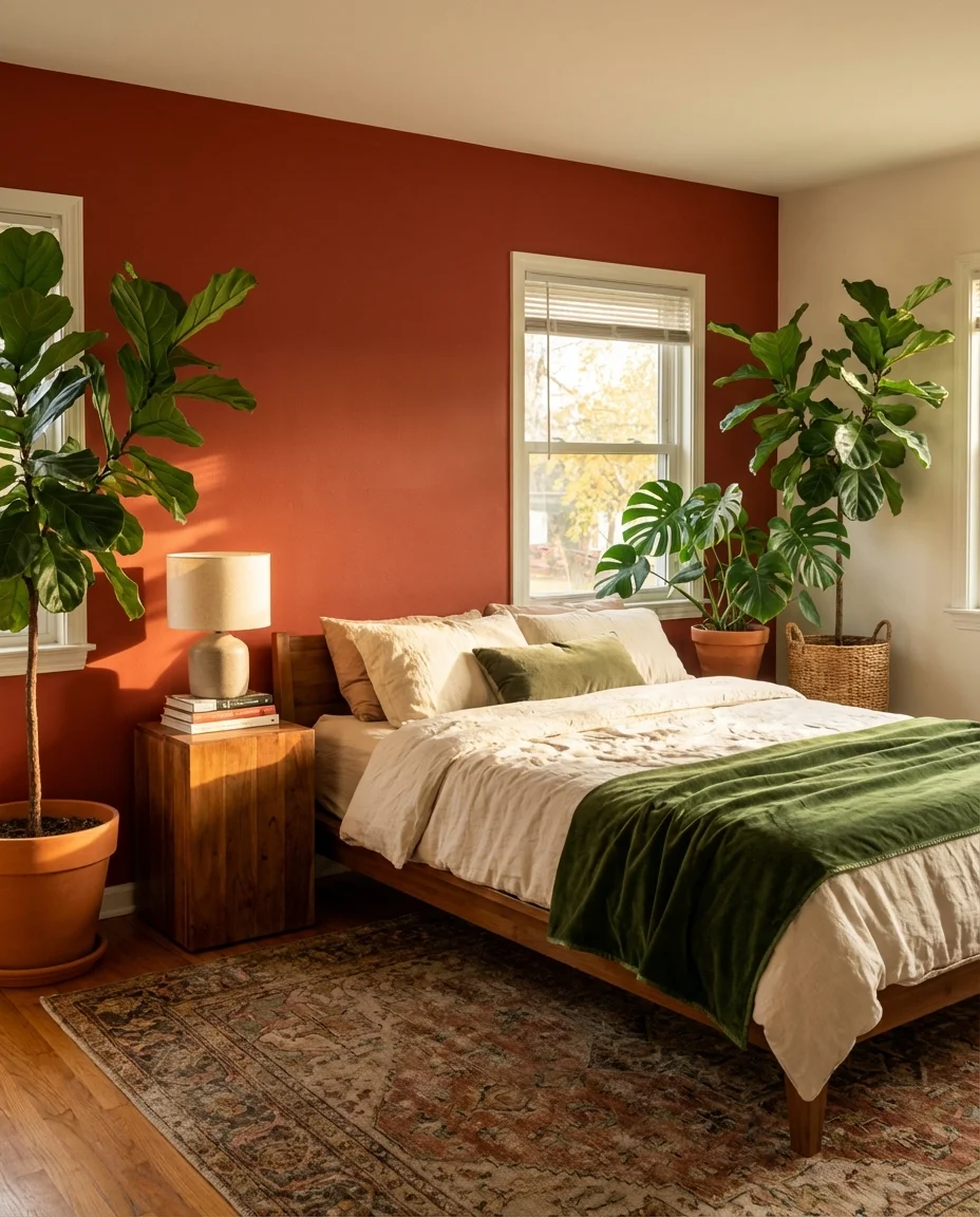 Red and Green Bedroom with Botanical Accents 1