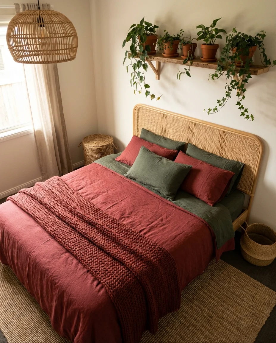 Red and Green Bedroom with Botanical Accents 2