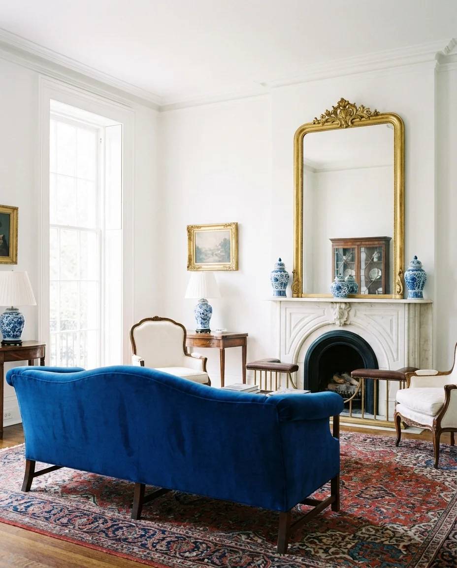 Royal Blue and White Living Room 1