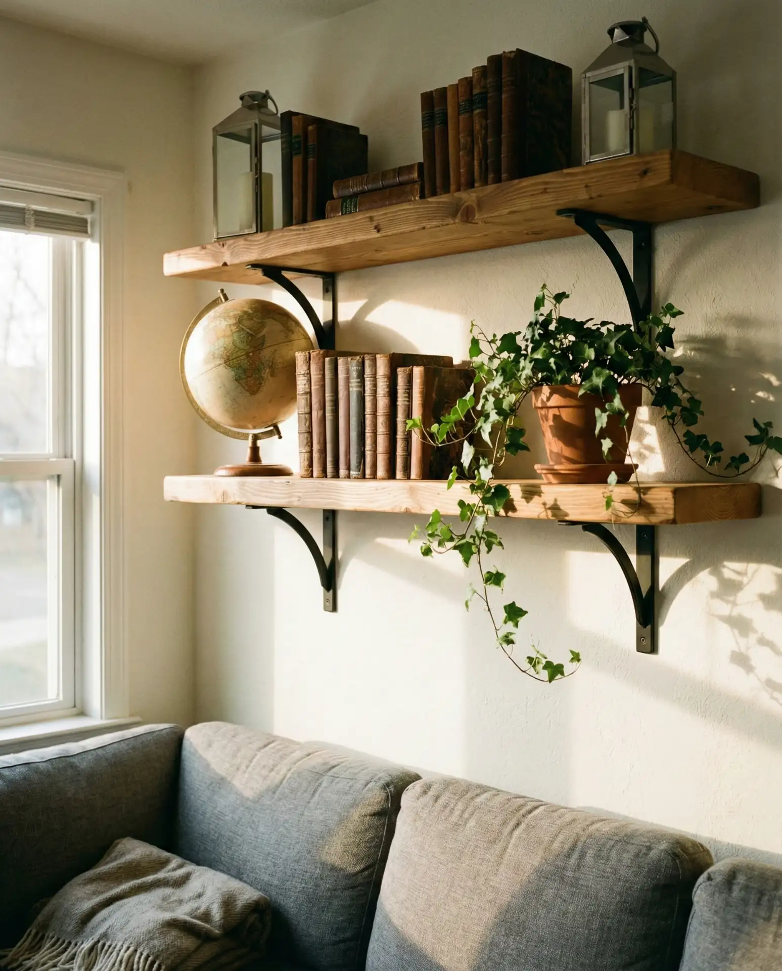 Rustic Bracket Shelves Above the Sofa 1