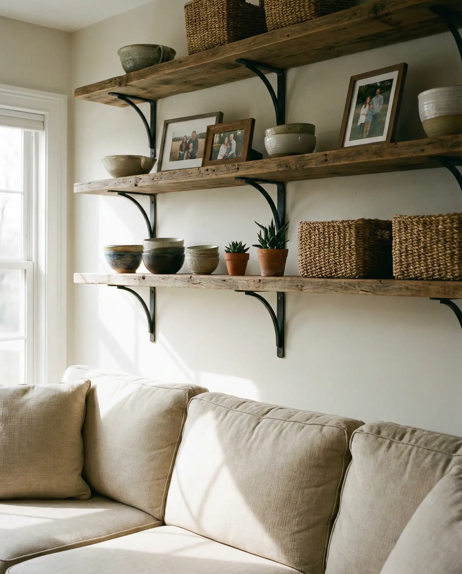 Rustic Bracket Shelves Above the Sofa 2
