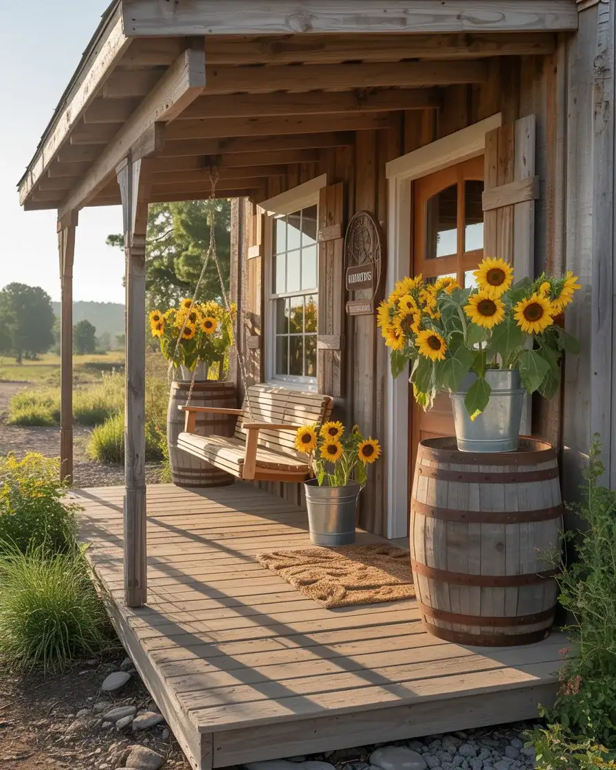 Rustic Country Porch With Wooden Barrels 2