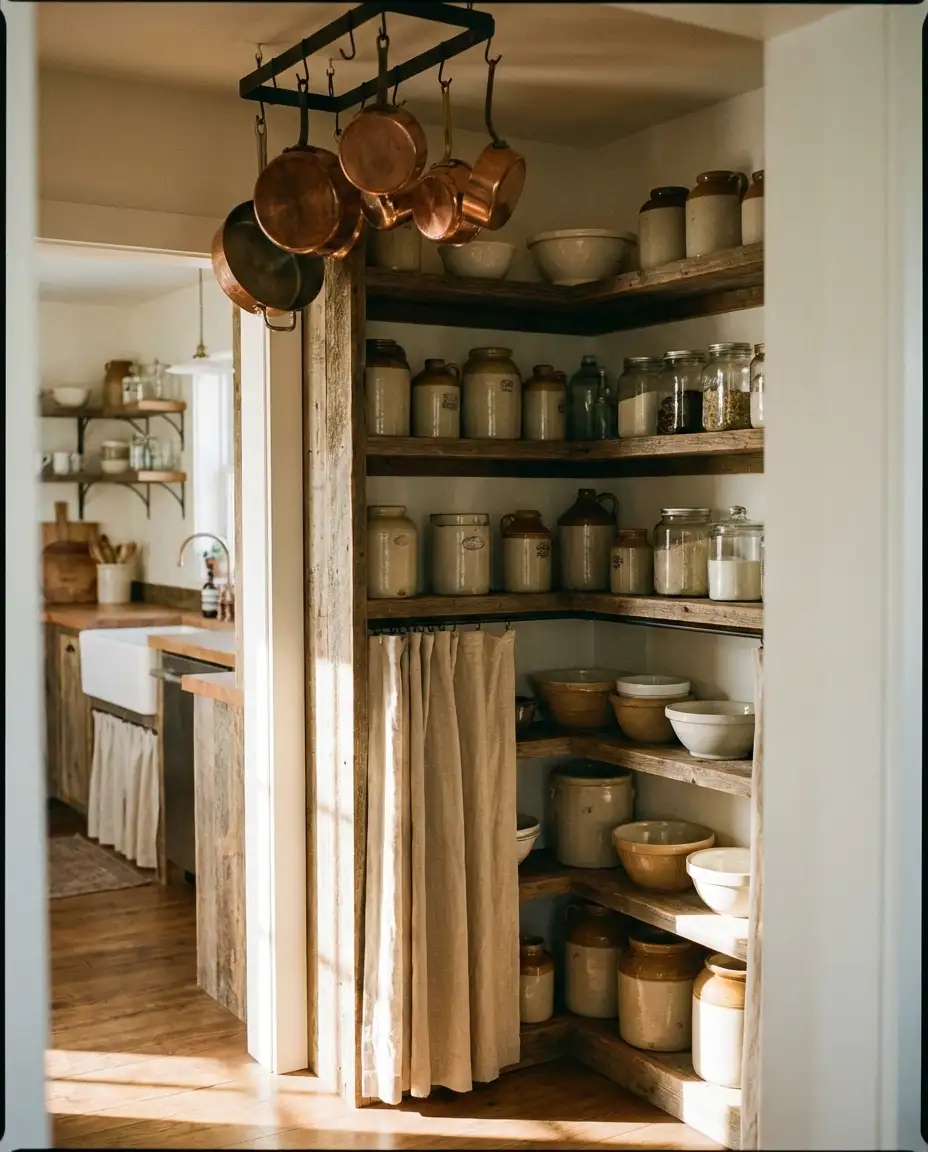 Rustic Farmhouse Corner Pantry with Open Shelving 1