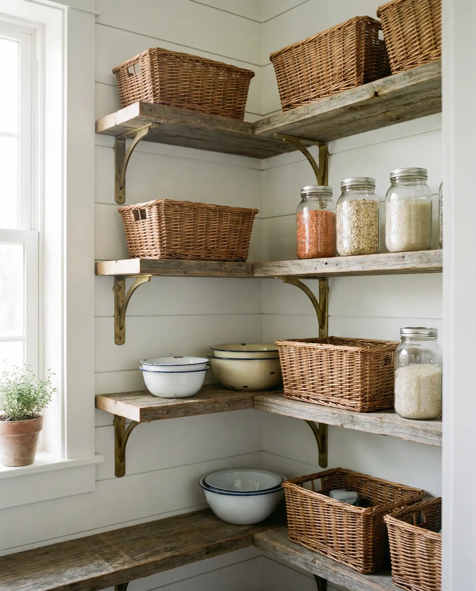 Rustic Farmhouse Corner Pantry with Open Shelving 2