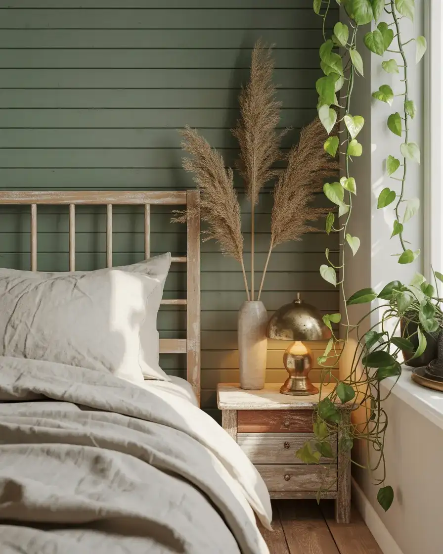 Sage Green Farmhouse Bedroom with Botanical Touches 1