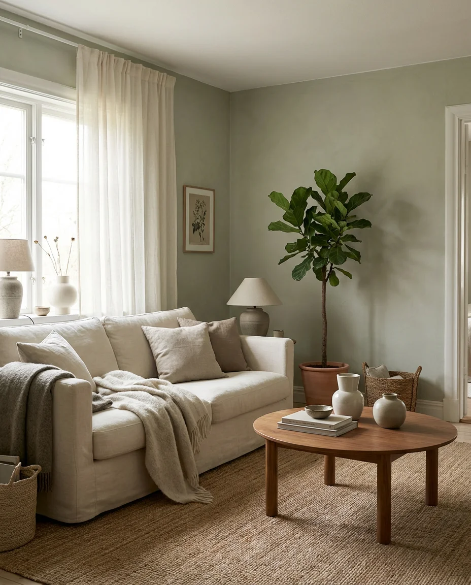 Sage Green Walls with a Cream Sofa 1