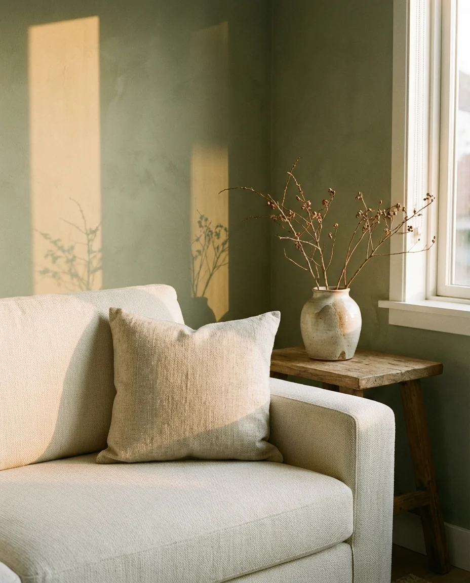 Sage Green Walls with a Cream Sofa 2