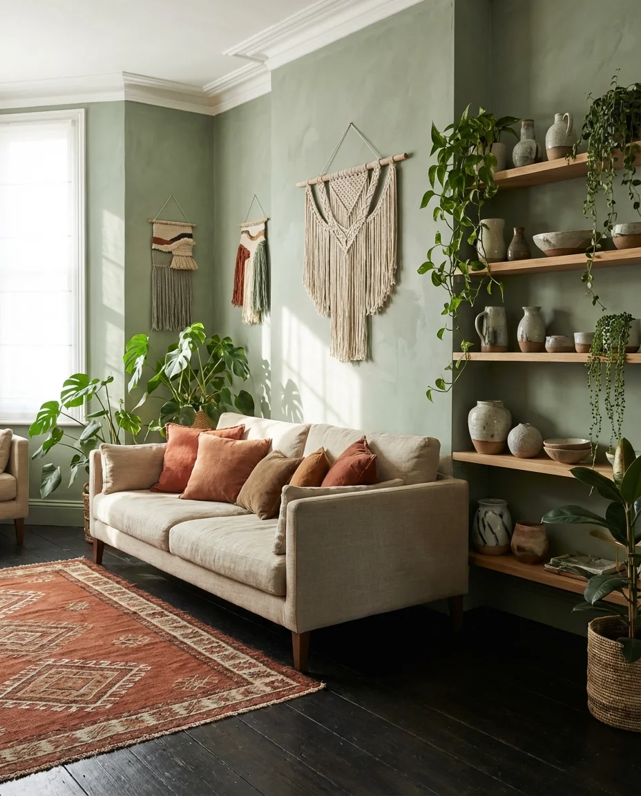 Sage Green and Terracotta Boho Living Room 1