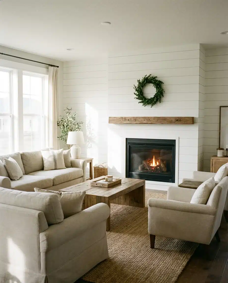 Shiplap Fireplace Wall in White 1