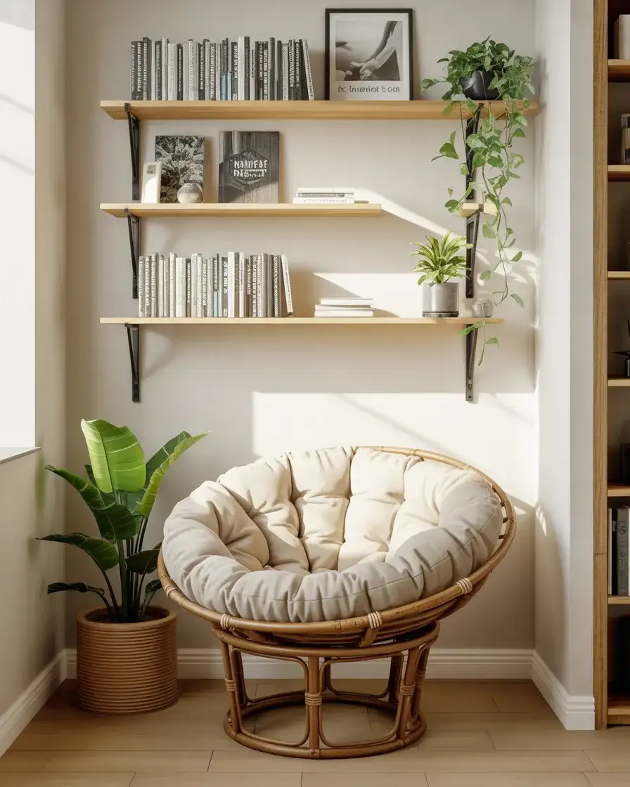 Small Room Papasan with Wall-Mounted Shelves 2
