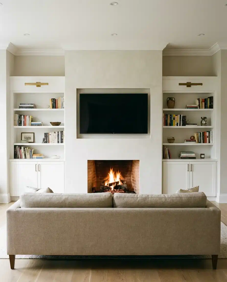 TV and Fireplace Wall With Built-In Shelving 1