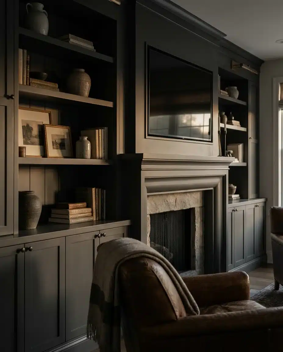 TV and Fireplace Wall With Built-In Shelving 2