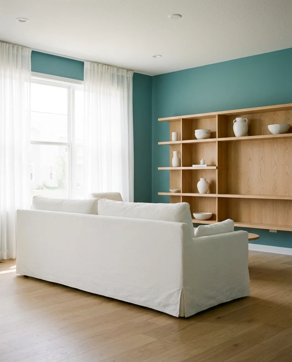 Teal Living Room with White and Wood 1