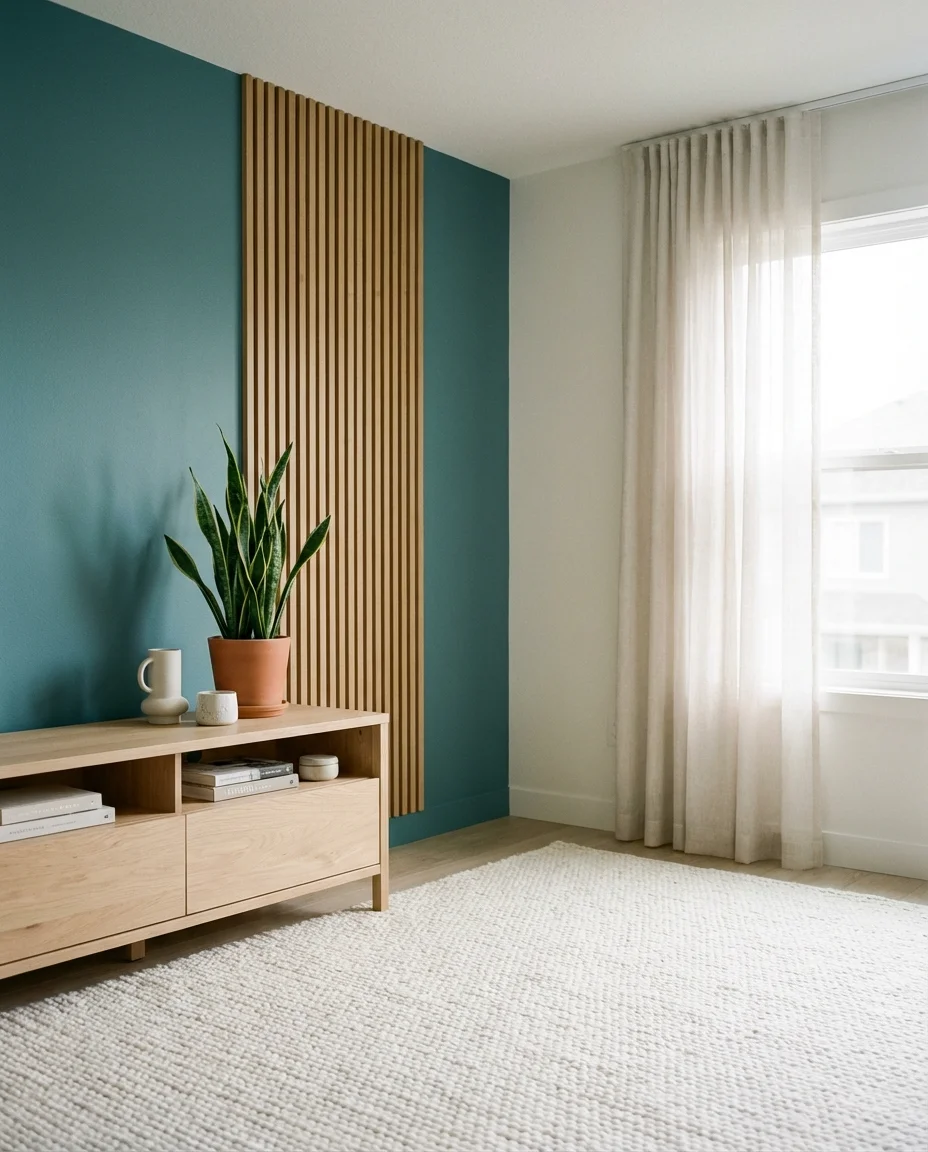 Teal Living Room with White and Wood 2