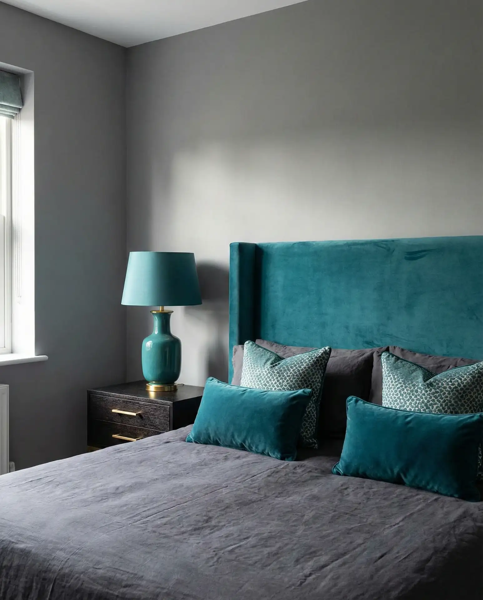Teal and Gray Bedroom with Jewel Tone Depth 1
