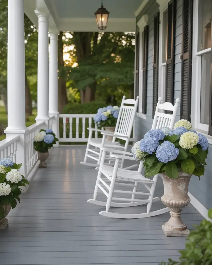 Traditional Porch With Rocking Chairs and Hydrangeas 1
