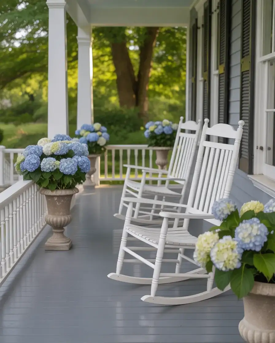 Traditional Porch With Rocking Chairs and Hydrangeas 2