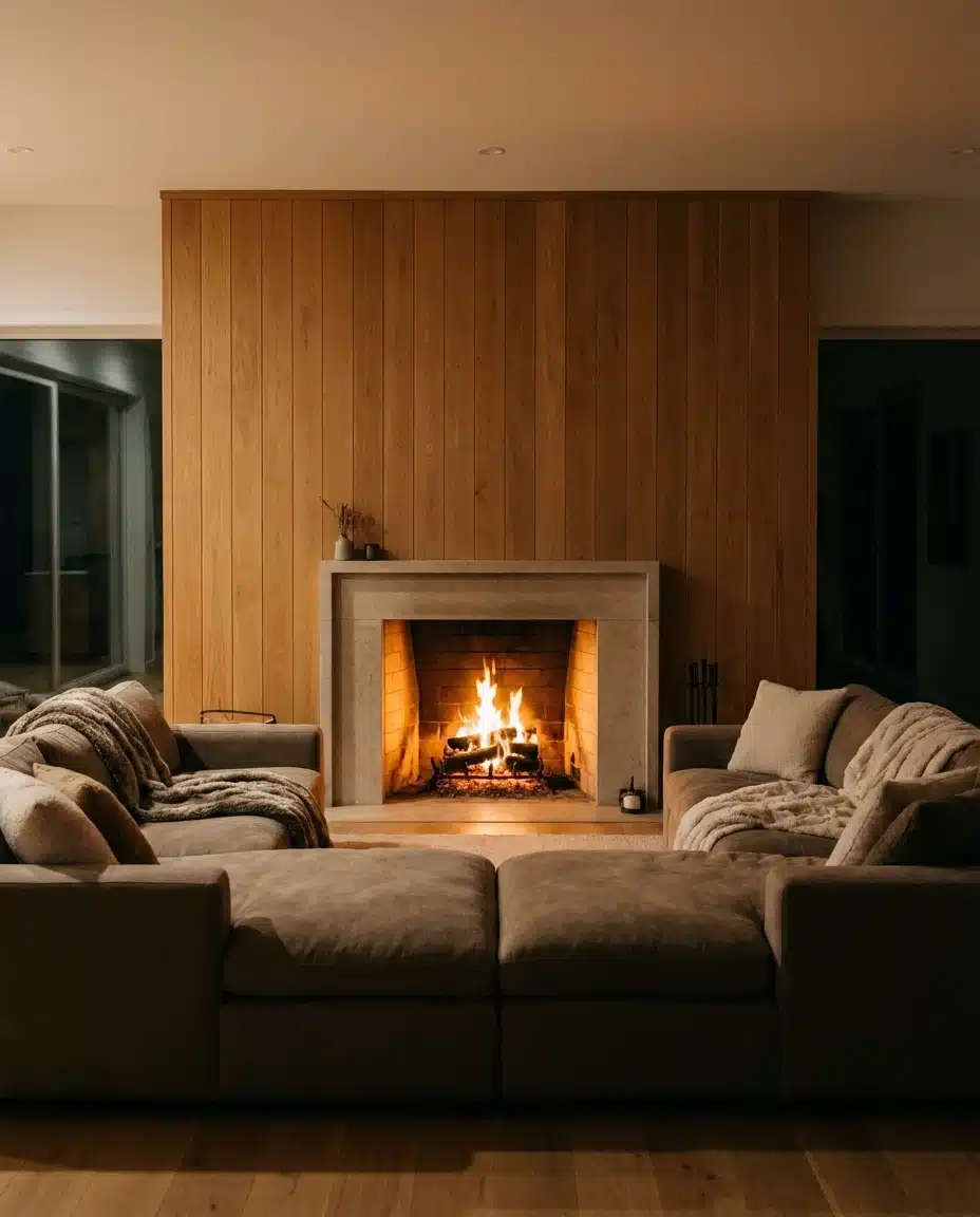 Warm Wood Paneling With Fireplace and Couch 1