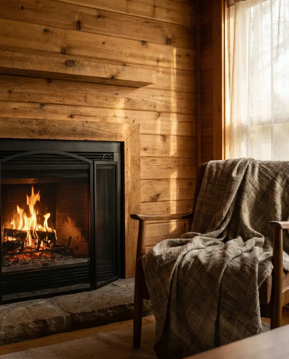 Warm Wood Paneling With Fireplace and Couch 2