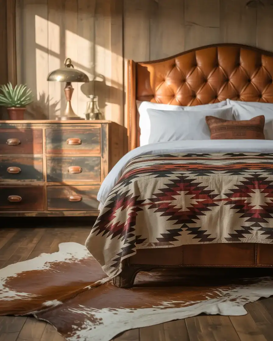 Western Farmhouse Bedroom with Leather and Navajo Prints 1