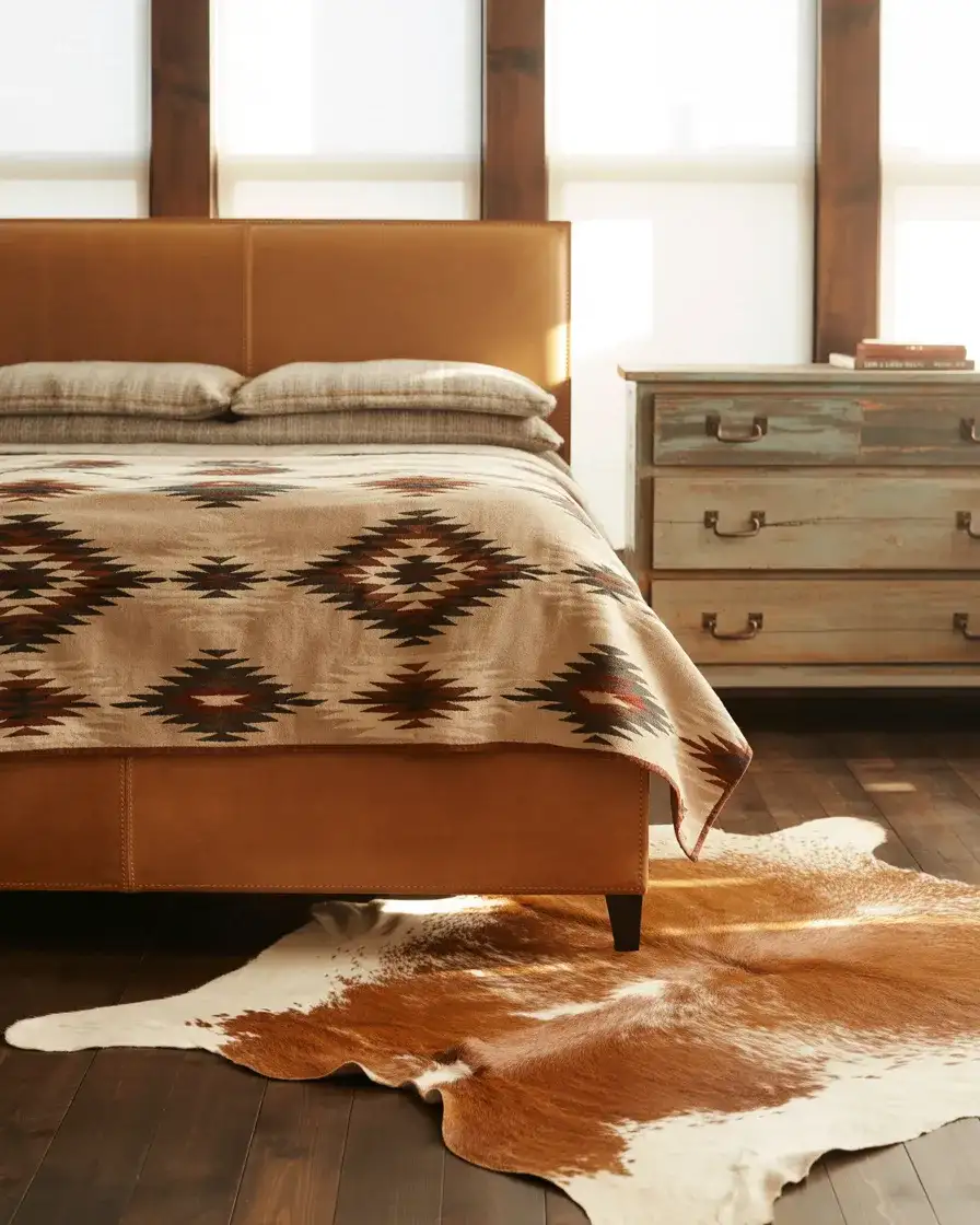 Western Farmhouse Bedroom with Leather and Navajo Prints 2