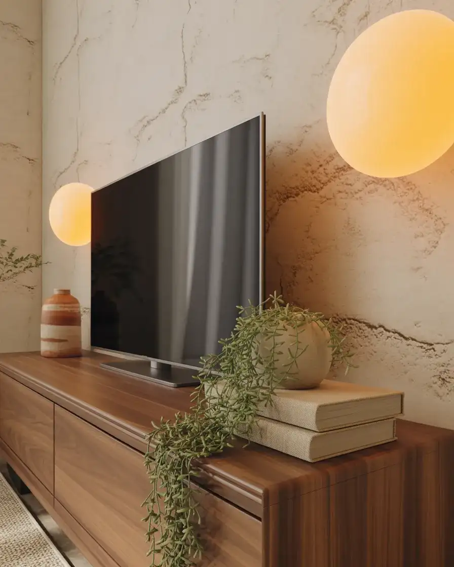 Wood Accent Console with Textured Wall and Warm Lighting 1