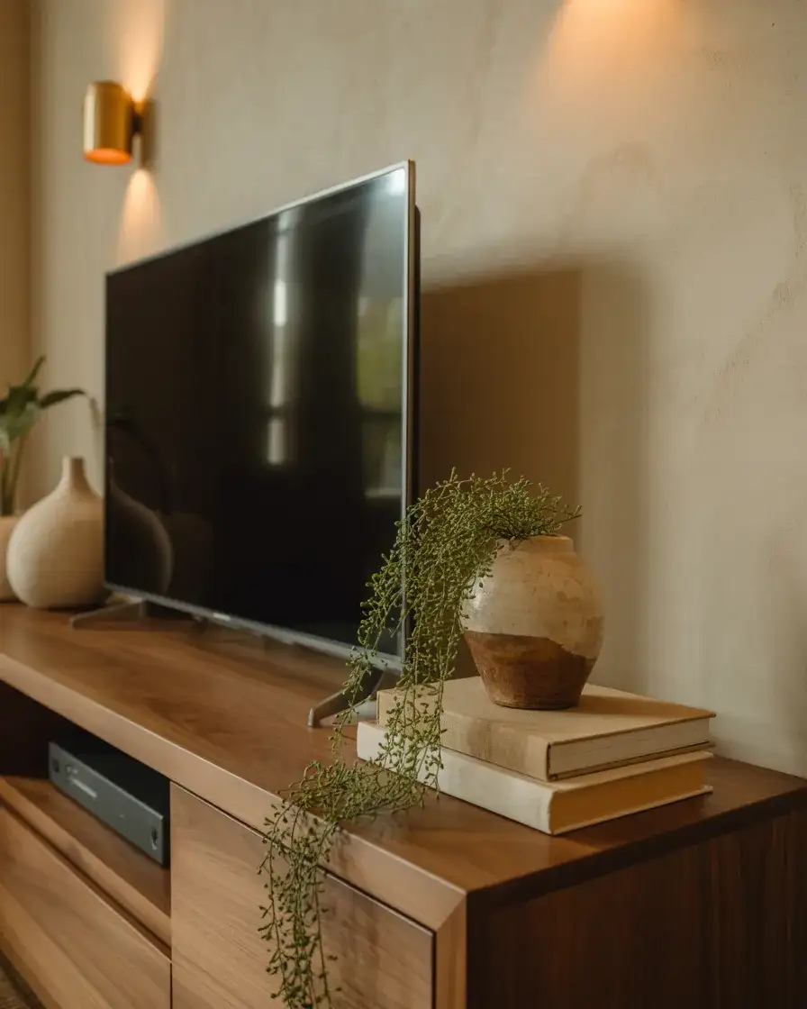 Wood Accent Console with Textured Wall and Warm Lighting 2